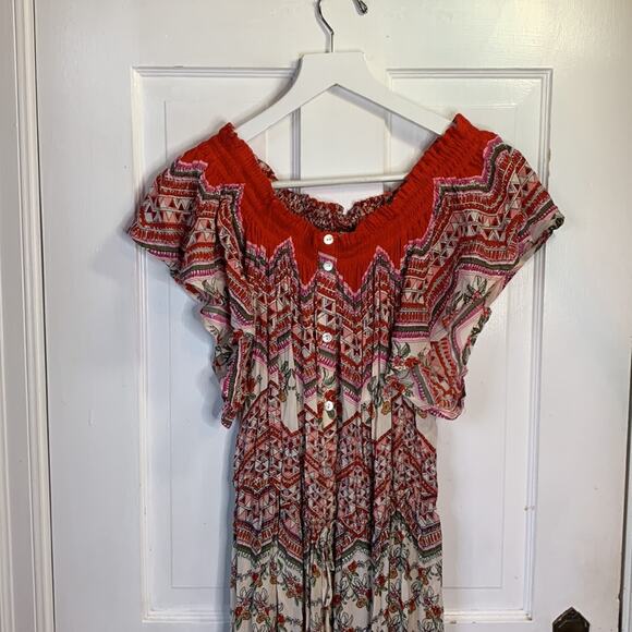 Patrons of Peace Ruffle Drawstring Waist Red Print Maxi Dress NEW W-722 Sz S - Picture 2 of 10